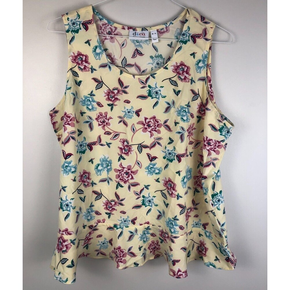 Denim & Co. Yellow Colorful Floral Peplum Sleeveless Blouse Size XL
